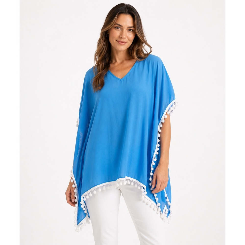 Adreamly Blue Chiffon Pom Pom Trim V-Neck Swim Cover Up Poncho OS